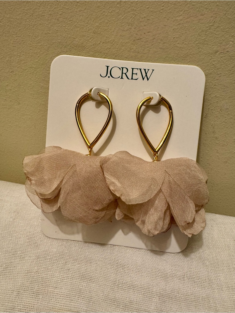 NWT J.Crew Flower Appliqué Drop Earrings Blush Pink Gold Floral Statement